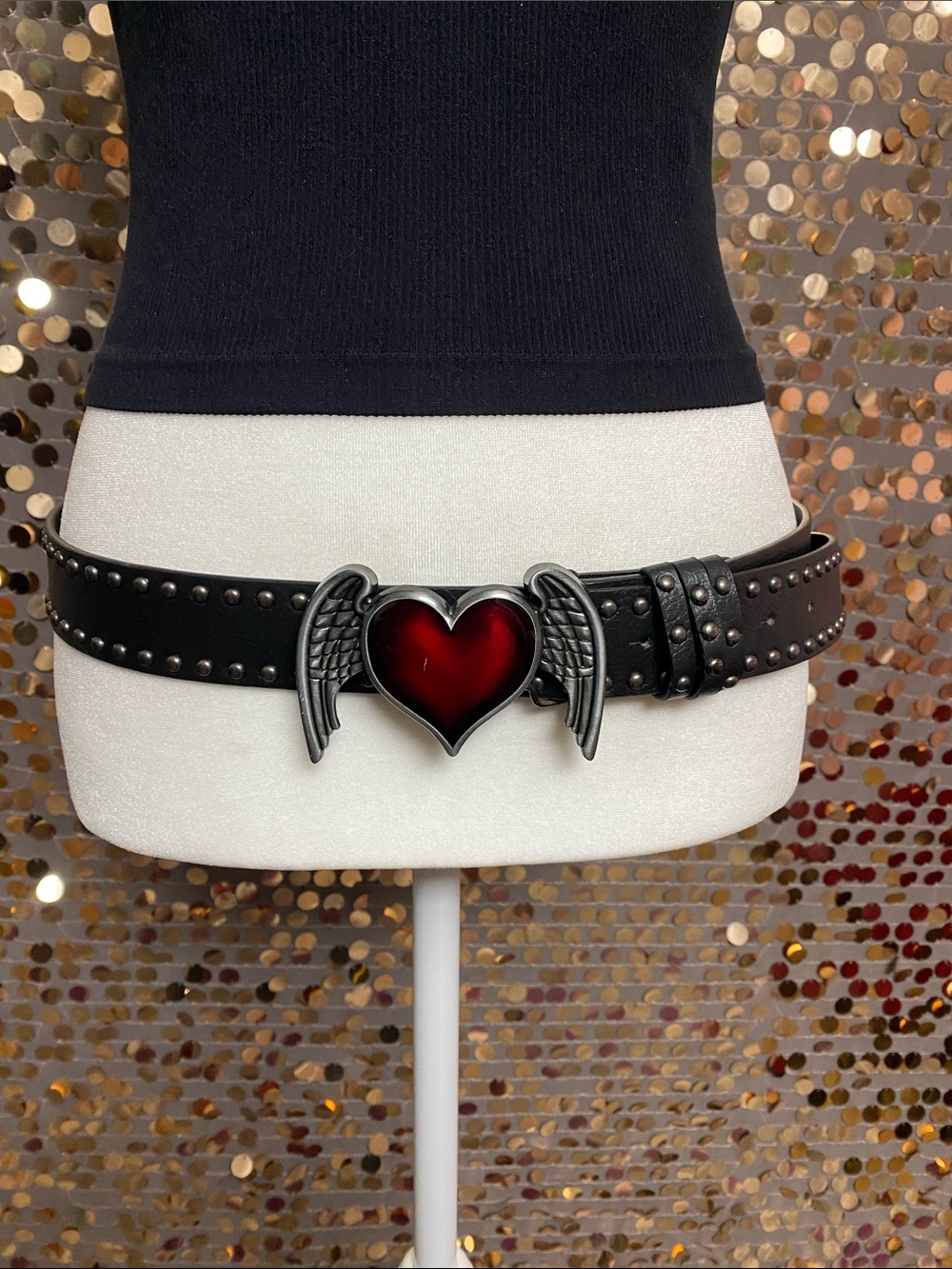 Black studded belt with red heart and silver wings buckle #469